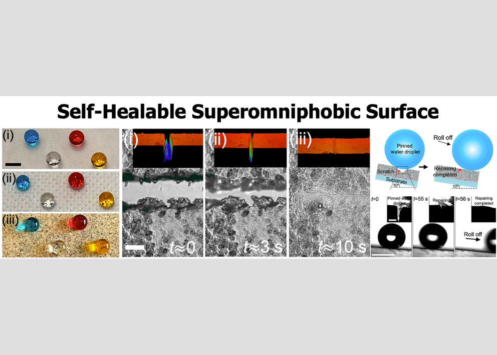 seven different pictures of surfaces with the label "self-healable superomniphobic surface"